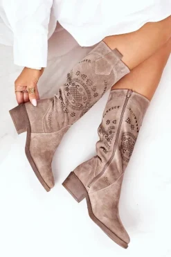 Hot Zamszowe Kozaki Z Ażurowym Wzorem Cappuccino Sierra Damskie Kozaki Wiosenne|Kozaki Płaskie