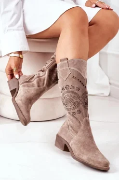Hot Zamszowe Kozaki Z Ażurowym Wzorem Cappuccino Sierra Damskie Kozaki Wiosenne|Kozaki Płaskie