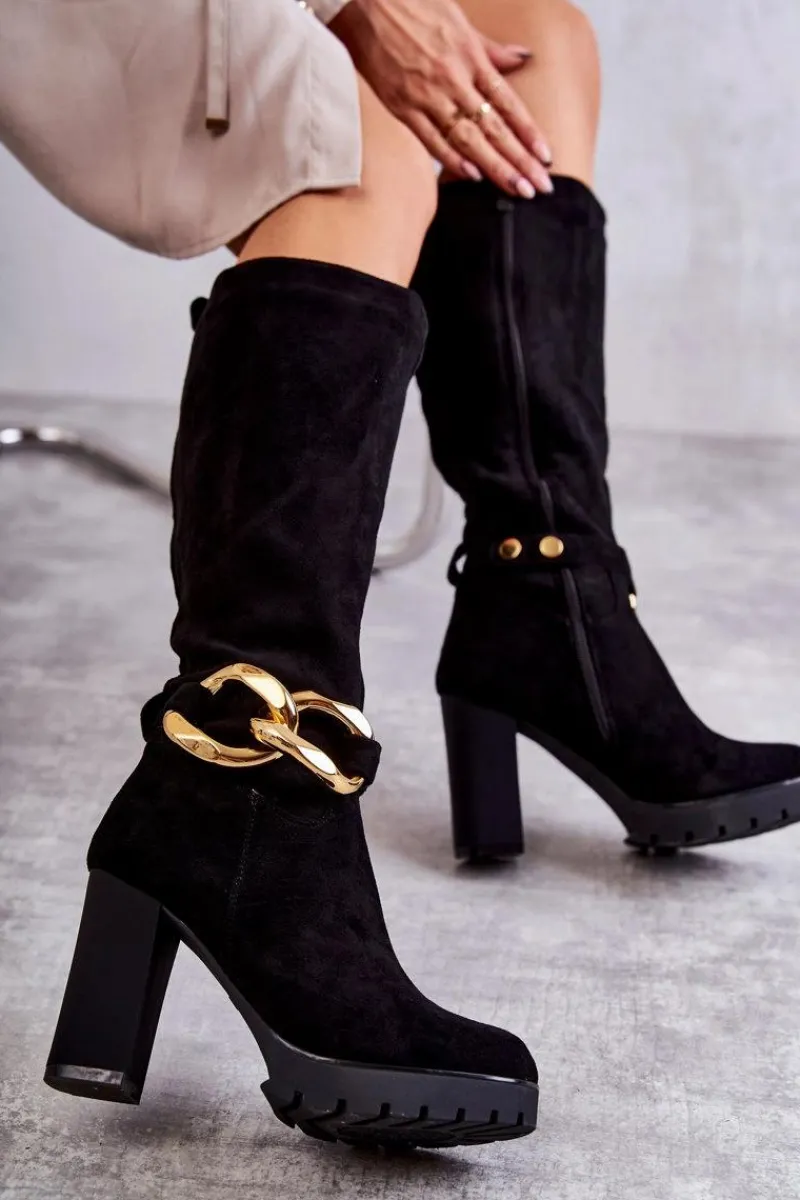 New Boto Zamszowe Kozaki Z Odpinanym Łańcuchem Czarne Jackson