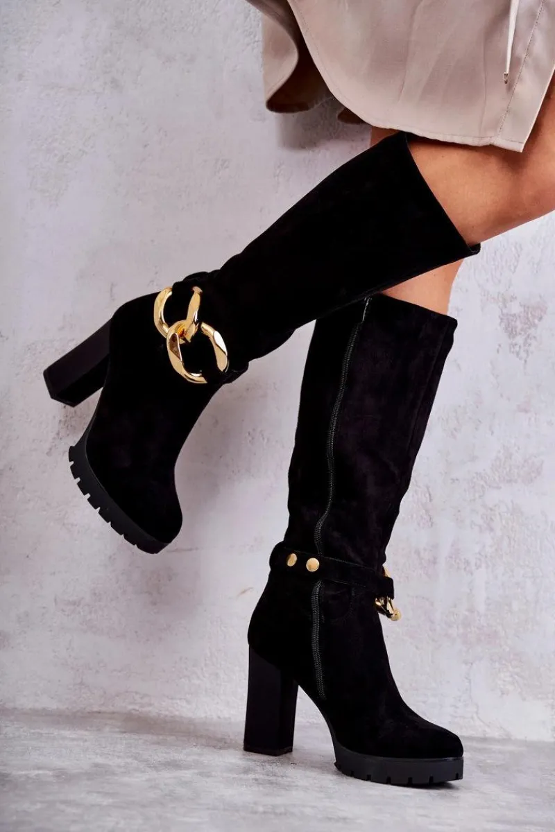 New Boto Zamszowe Kozaki Z Odpinanym Łańcuchem Czarne Jackson