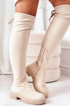 Clearance Zamszowe Kozaki Za Kolano Beżowe Selina Damskie Kozaki Wiosenne|Kozaki Płaskie