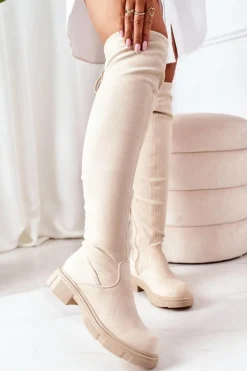 Clearance Zamszowe Kozaki Za Kolano Beżowe Selina Damskie Kozaki Wiosenne|Kozaki Płaskie
