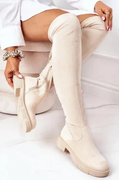Clearance Zamszowe Kozaki Za Kolano Beżowe Selina Damskie Kozaki Wiosenne|Kozaki Płaskie