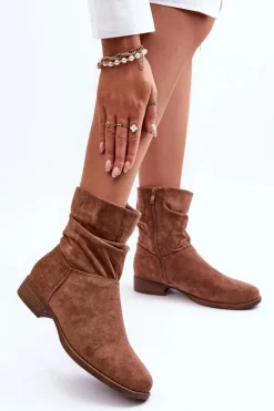 Clearance Zamszowe Marszczone Botki Na Płaskim Obcasie Brązowe Manuvia Damskie Botki Wiosenne|Brązowe I Beżowe Botki