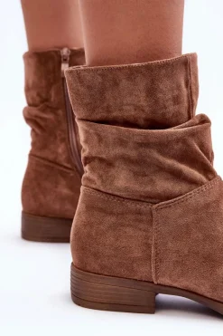 Clearance Zamszowe Marszczone Botki Na Płaskim Obcasie Brązowe Manuvia Damskie Botki Wiosenne|Brązowe I Beżowe Botki