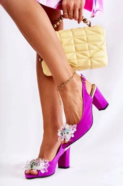 New Zamszowe Modne Czółenka Sandały Z Ozdobą Fuksja Meriss Damskie Sandały Na Obcasie|Czółenka Zamszowe