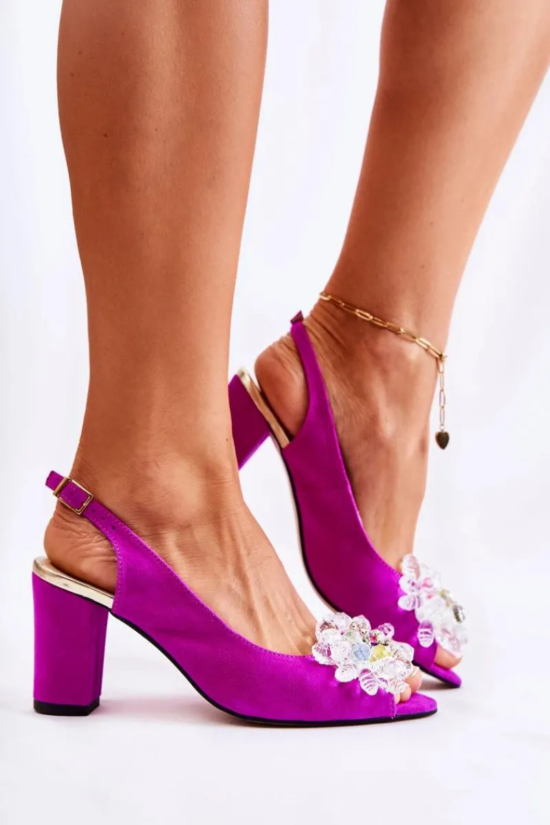 New Zamszowe Modne Czółenka Sandały Z Ozdobą Fuksja Meriss Damskie Sandały Na Obcasie|Czółenka Zamszowe