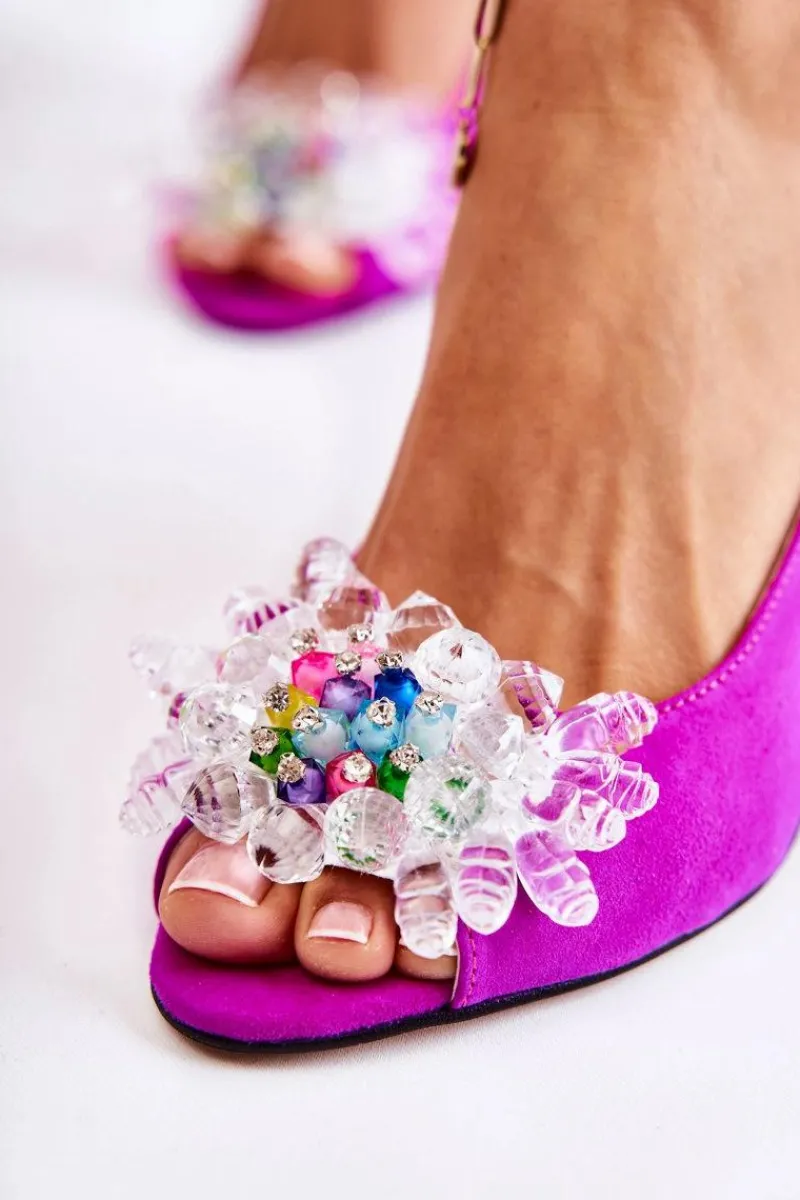 New Zamszowe Modne Czółenka Sandały Z Ozdobą Fuksja Meriss Damskie Sandały Na Obcasie|Czółenka Zamszowe