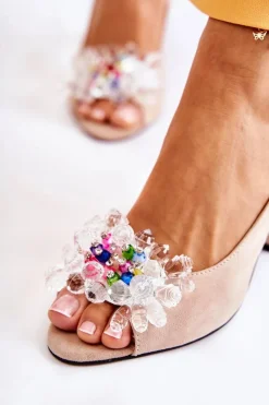 Sale Zamszowe Modne Czółenka Sandały Z Ozdobą Beżowe Meriss Damskie Sandały Na Obcasie|Czółenka Zamszowe