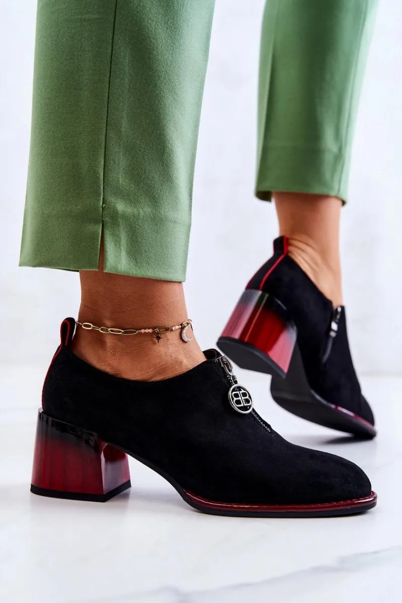 Discount Zamszowe Modne Półbuty Na Słupku Czarno-Czerwone Lorena Damskie Półbuty Lakierowane