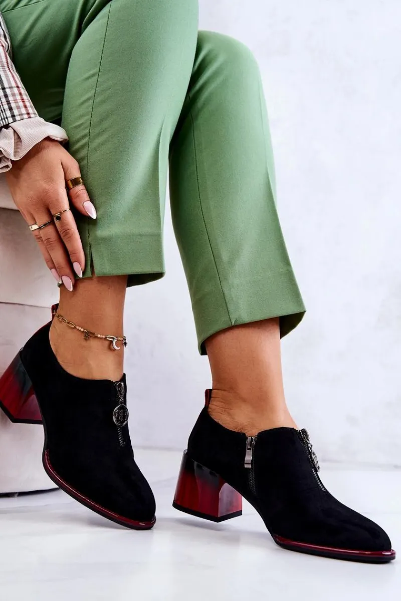 Discount Zamszowe Modne Półbuty Na Słupku Czarno-Czerwone Lorena Damskie Półbuty Lakierowane