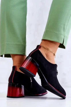 Discount Zamszowe Modne Półbuty Na Słupku Czarno-Czerwone Lorena Damskie Półbuty Lakierowane