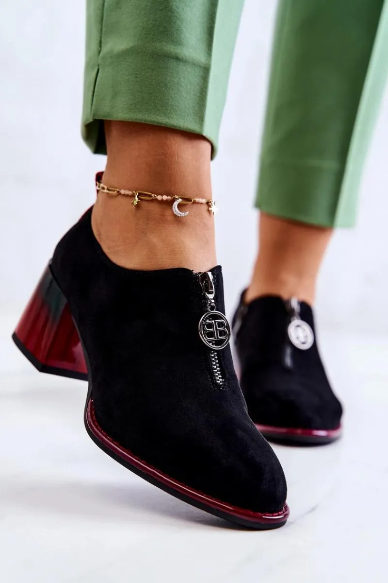 Discount Zamszowe Modne Półbuty Na Słupku Czarno-Czerwone Lorena Damskie Półbuty Lakierowane