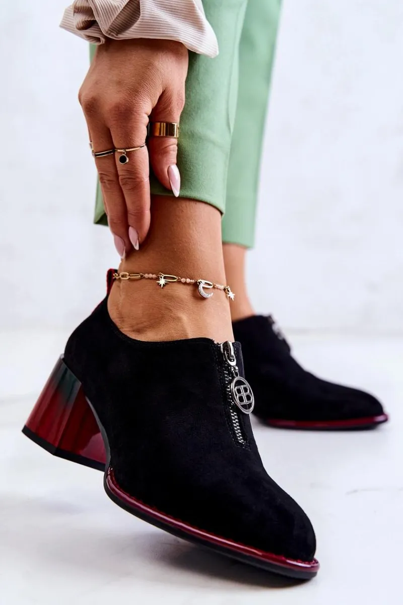 Discount Zamszowe Modne Półbuty Na Słupku Czarno-Czerwone Lorena Damskie Półbuty Lakierowane