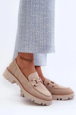 Discount Zamszowe Mokasyny Damskie Z Ozdobą D&A TW117 Beżowe Damskie Loafersy Damskie|Mokasyny Płaskie