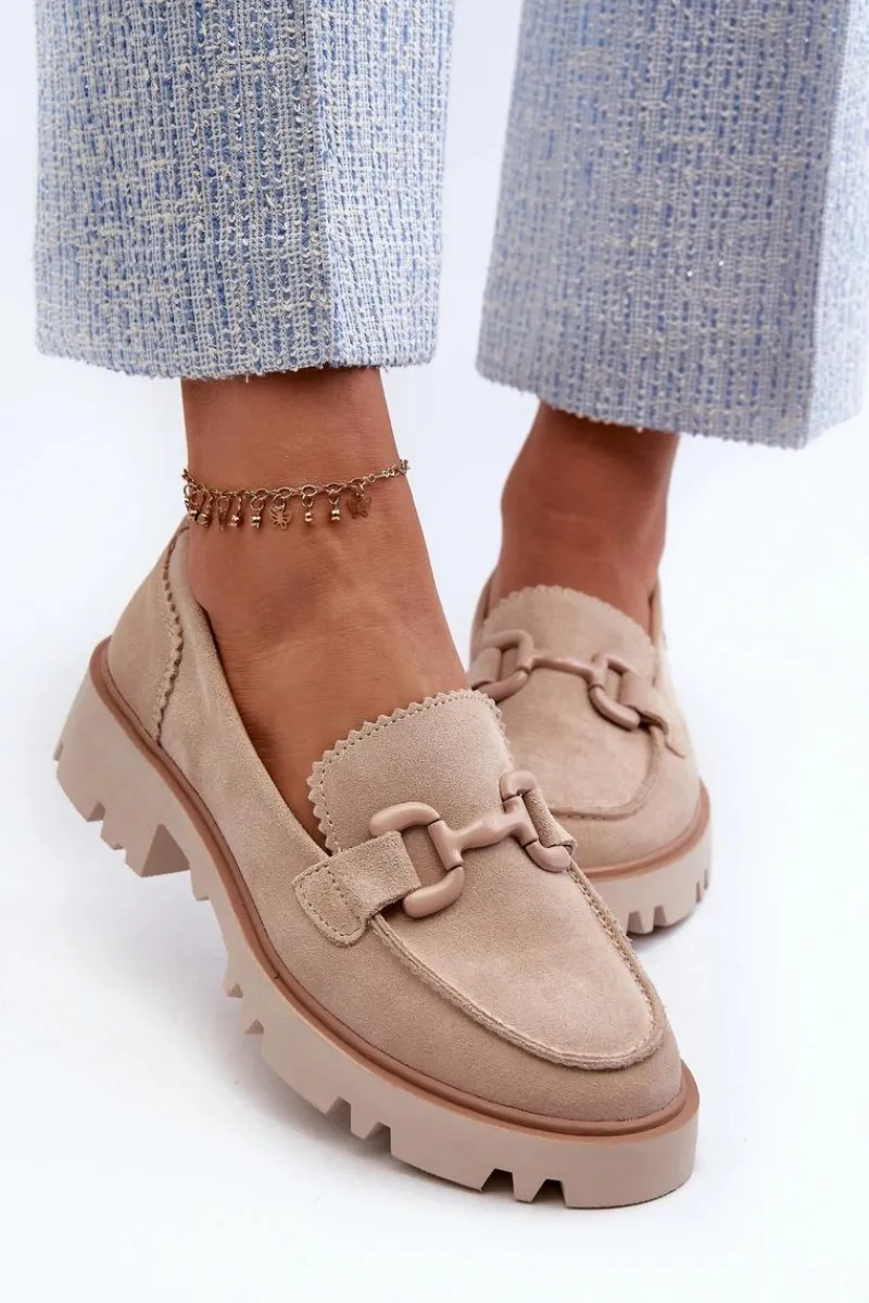 Discount Zamszowe Mokasyny Damskie Z Ozdobą D&A TW117 Beżowe Damskie Loafersy Damskie|Mokasyny Płaskie