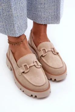 Discount Zamszowe Mokasyny Damskie Z Ozdobą D&A TW117 Beżowe Damskie Loafersy Damskie|Mokasyny Płaskie