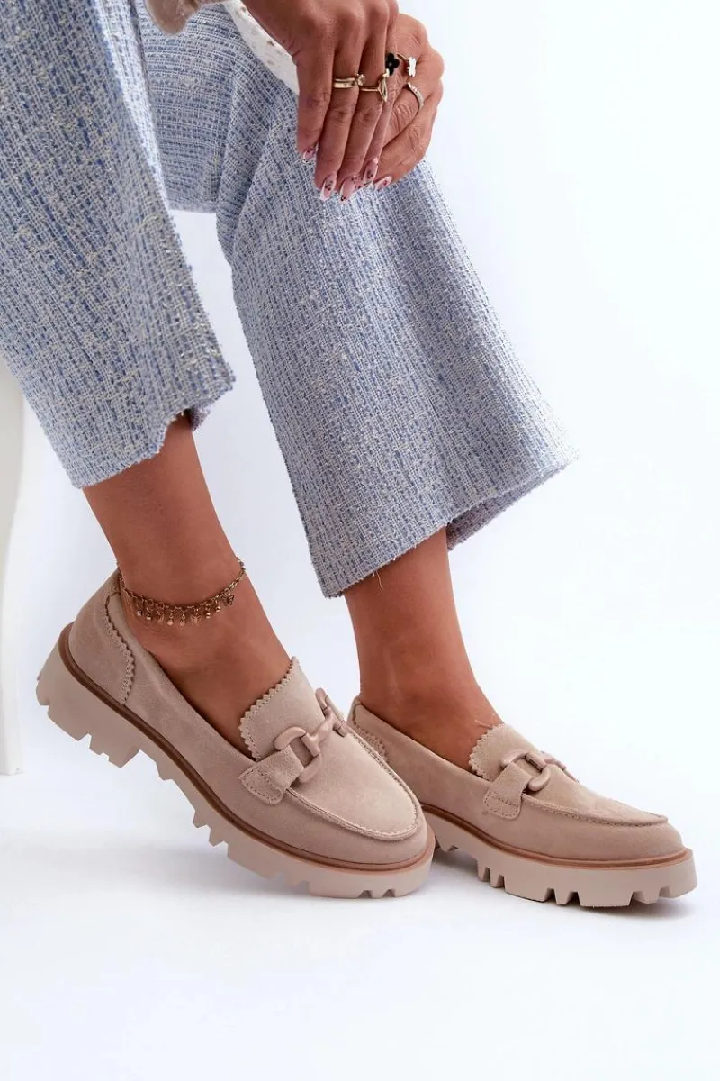 Discount Zamszowe Mokasyny Damskie Z Ozdobą D&A TW117 Beżowe Damskie Loafersy Damskie|Mokasyny Płaskie