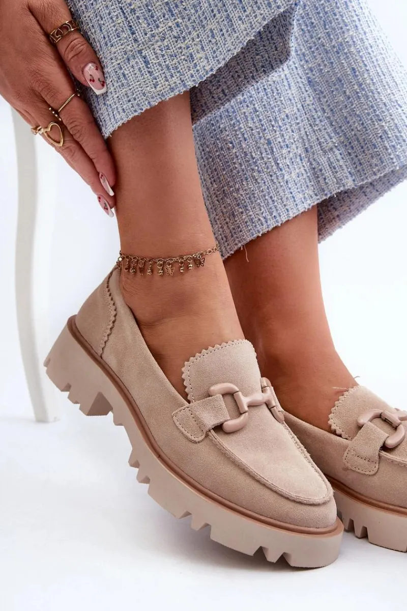 Discount Zamszowe Mokasyny Damskie Z Ozdobą D&A TW117 Beżowe Damskie Loafersy Damskie|Mokasyny Płaskie