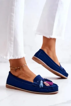 New Zamszowe Mokasyny Damskie Z Frędzlami Granatowe Laressa Damskie Loafersy Damskie|Mokasyny Damskie Zamszowe