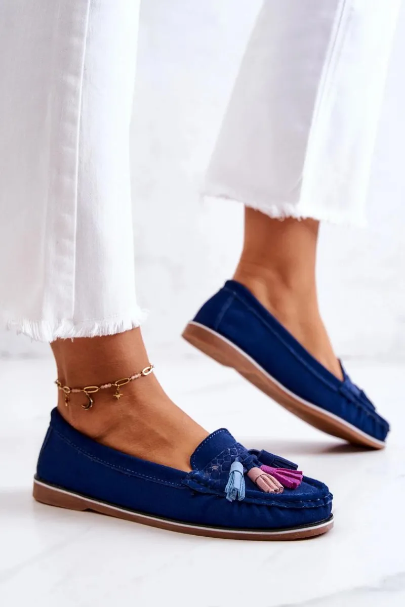 New Zamszowe Mokasyny Damskie Z Frędzlami Granatowe Laressa Damskie Loafersy Damskie|Mokasyny Damskie Zamszowe