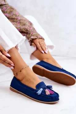 New Zamszowe Mokasyny Damskie Z Frędzlami Granatowe Laressa Damskie Loafersy Damskie|Mokasyny Damskie Zamszowe