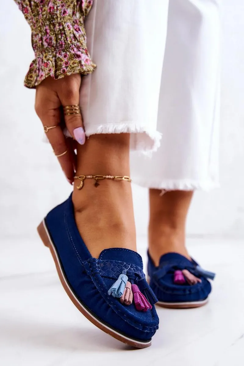 New Zamszowe Mokasyny Damskie Z Frędzlami Granatowe Laressa Damskie Loafersy Damskie|Mokasyny Damskie Zamszowe