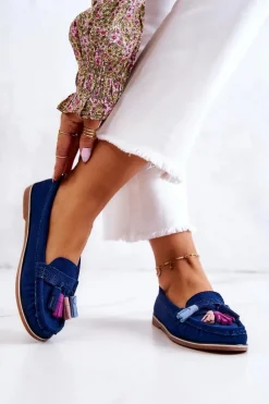 New Zamszowe Mokasyny Damskie Z Frędzlami Granatowe Laressa Damskie Loafersy Damskie|Mokasyny Damskie Zamszowe