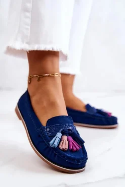 New Zamszowe Mokasyny Damskie Z Frędzlami Granatowe Laressa Damskie Loafersy Damskie|Mokasyny Damskie Zamszowe