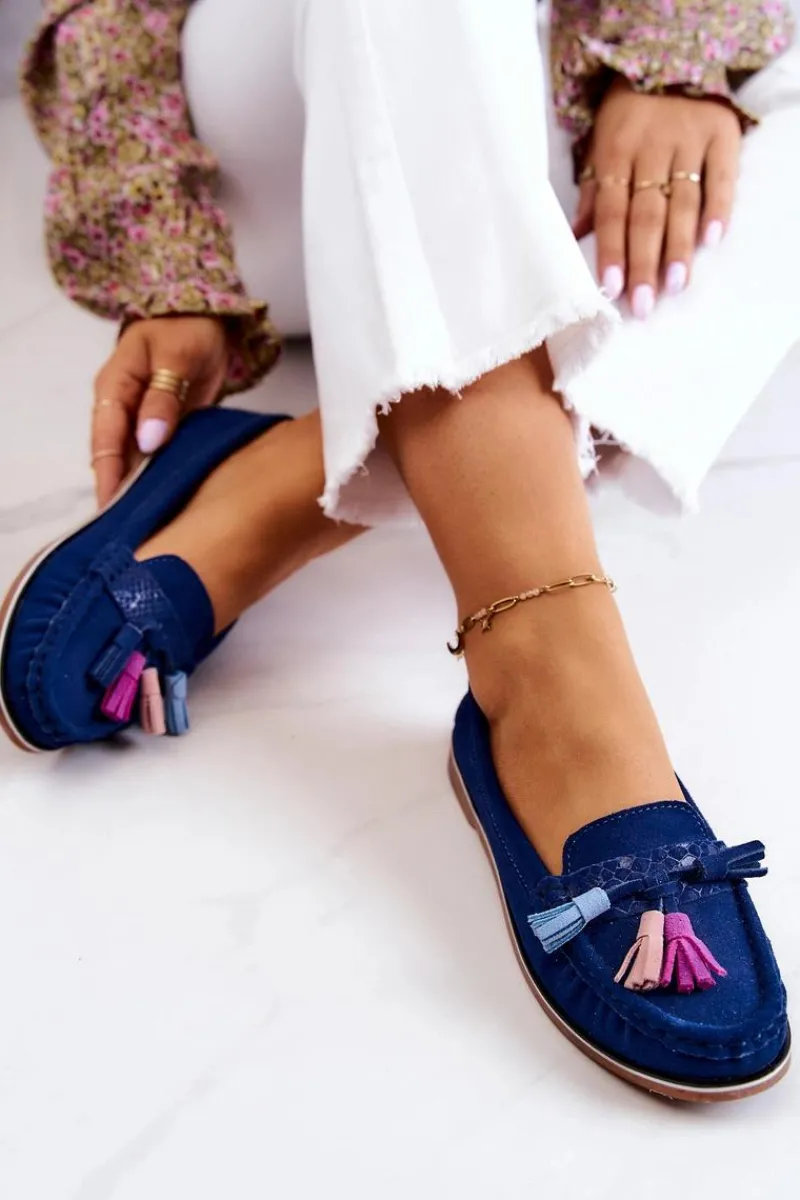 New Zamszowe Mokasyny Damskie Z Frędzlami Granatowe Laressa Damskie Loafersy Damskie|Mokasyny Damskie Zamszowe