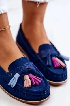 New Zamszowe Mokasyny Damskie Z Frędzlami Granatowe Laressa Damskie Loafersy Damskie|Mokasyny Damskie Zamszowe
