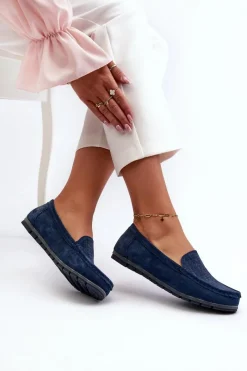 Clearance Zamszowe Mokasyny Damskie Granatowe S.Barski LR755 Damskie Loafersy Damskie|Mokasyny Damskie Skórzane