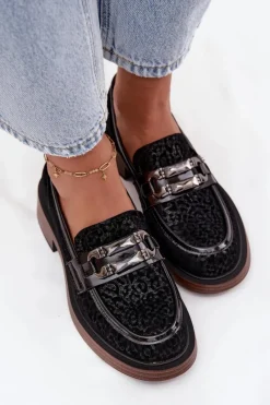 Loafersy Damskie|Mokasyny Damskie Zamszowe>D&A Zamszowe Mokasyny Damskie Z Ozdobą MR52-176 Czarne