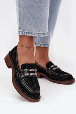 Loafersy Damskie|Mokasyny Damskie Zamszowe>D&A Zamszowe Mokasyny Damskie Z Ozdobą MR52-176 Czarne