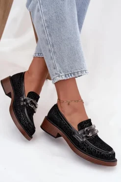 Loafersy Damskie|Mokasyny Damskie Zamszowe></noscript>D&A Zamszowe Mokasyny Damskie Z Ozdobą MR52-176 Czarne