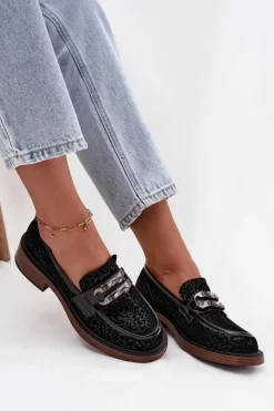 Loafersy Damskie|Mokasyny Damskie Zamszowe></noscript>D&A Zamszowe Mokasyny Damskie Z Ozdobą MR52-176 Czarne