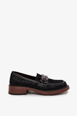 Loafersy Damskie|Mokasyny Damskie Zamszowe></noscript>D&A Zamszowe Mokasyny Damskie Z Ozdobą MR52-176 Czarne