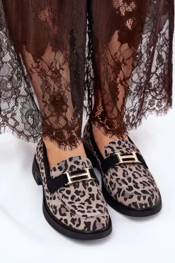 Zamszowe Mokasyny Damskie Panterka Vinceza 66792 Szare Damskie Loafersy Damskie|Mokasyny Płaskie
