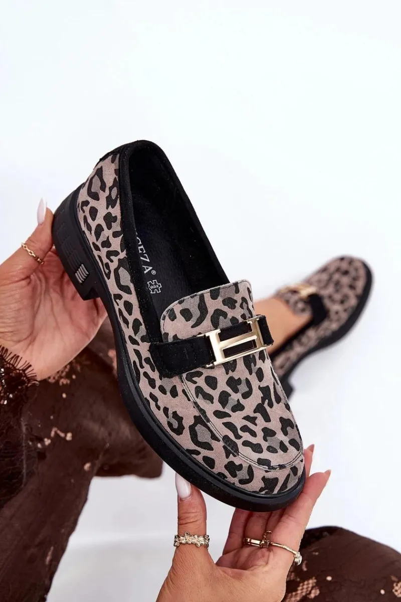 Zamszowe Mokasyny Damskie Panterka Vinceza 66792 Szare Damskie Loafersy Damskie|Mokasyny Płaskie