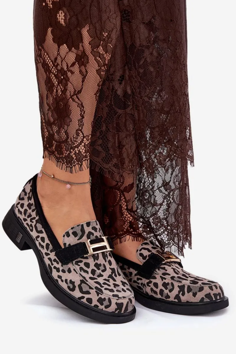 Zamszowe Mokasyny Damskie Panterka Vinceza 66792 Szare Damskie Loafersy Damskie|Mokasyny Płaskie