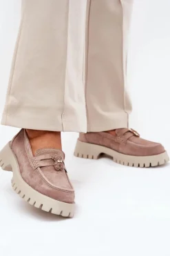 Discount Zamszowe Mokasyny Damskie Z Przypinką Miś Vinceza 79533 Beżowe Damskie Loafersy Damskie|Mokasyny Płaskie