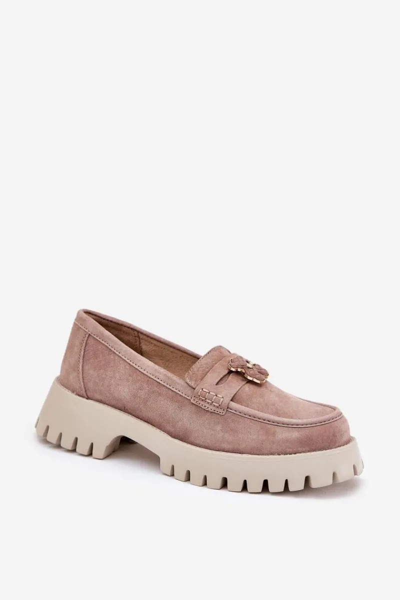 Discount Zamszowe Mokasyny Damskie Z Przypinką Miś Vinceza 79533 Beżowe Damskie Loafersy Damskie|Mokasyny Płaskie