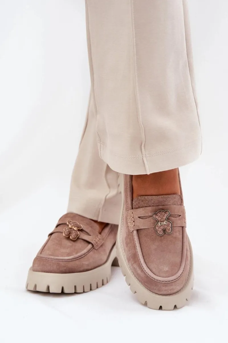 Discount Zamszowe Mokasyny Damskie Z Przypinką Miś Vinceza 79533 Beżowe Damskie Loafersy Damskie|Mokasyny Płaskie