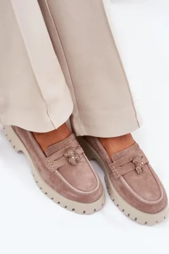 Discount Zamszowe Mokasyny Damskie Z Przypinką Miś Vinceza 79533 Beżowe Damskie Loafersy Damskie|Mokasyny Płaskie