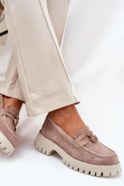 Discount Zamszowe Mokasyny Damskie Z Przypinką Miś Vinceza 79533 Beżowe Damskie Loafersy Damskie|Mokasyny Płaskie