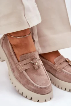 Discount Zamszowe Mokasyny Damskie Z Przypinką Miś Vinceza 79533 Beżowe Damskie Loafersy Damskie|Mokasyny Płaskie