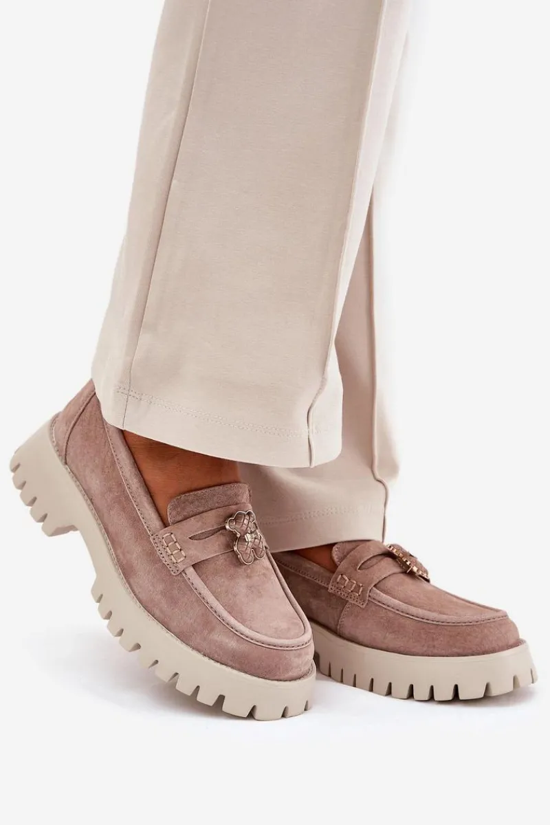 Discount Zamszowe Mokasyny Damskie Z Przypinką Miś Vinceza 79533 Beżowe Damskie Loafersy Damskie|Mokasyny Płaskie