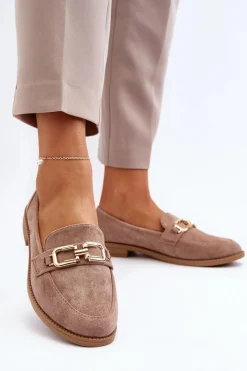 Clearance Zamszowe Mokasyny Damskie Na Płaskim Obcasie Ciemnobeżowe Misal Damskie Loafersy Damskie|Mokasyny Damskie Zamszowe
