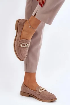 Clearance Zamszowe Mokasyny Damskie Na Płaskim Obcasie Ciemnobeżowe Misal Damskie Loafersy Damskie|Mokasyny Damskie Zamszowe