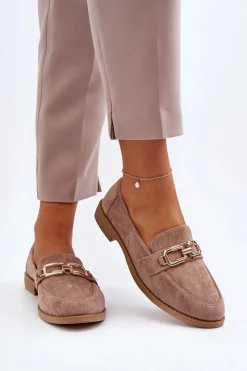 Clearance Zamszowe Mokasyny Damskie Na Płaskim Obcasie Ciemnobeżowe Misal Damskie Loafersy Damskie|Mokasyny Damskie Zamszowe